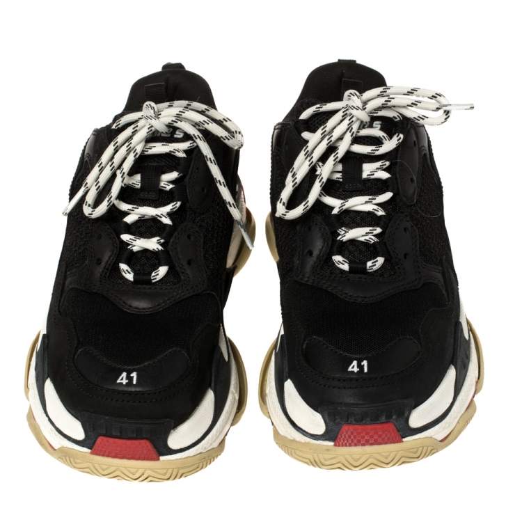 Pre Owned Balenciaga Black Mesh And Leather Triple S Low Top Sneakers Size 41