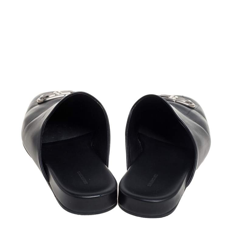 Pre Owned Balenciaga Black Leather Cosy BB Logo Embellished Mule Sandals Size 43