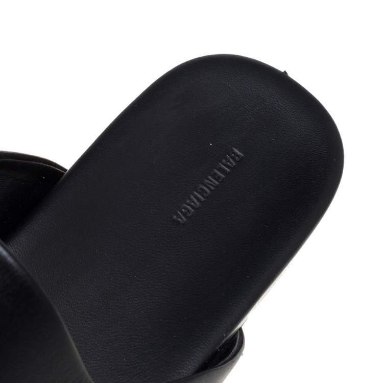 Pre Owned Balenciaga Black Leather Cosy BB Logo Embellished Mule Sandals Size 43