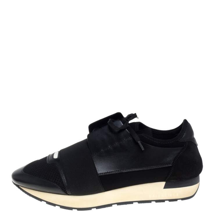 Pre Owned Balenciaga Black Leather, Mesh and Neoprene Race Runner Sneakers Size 40
