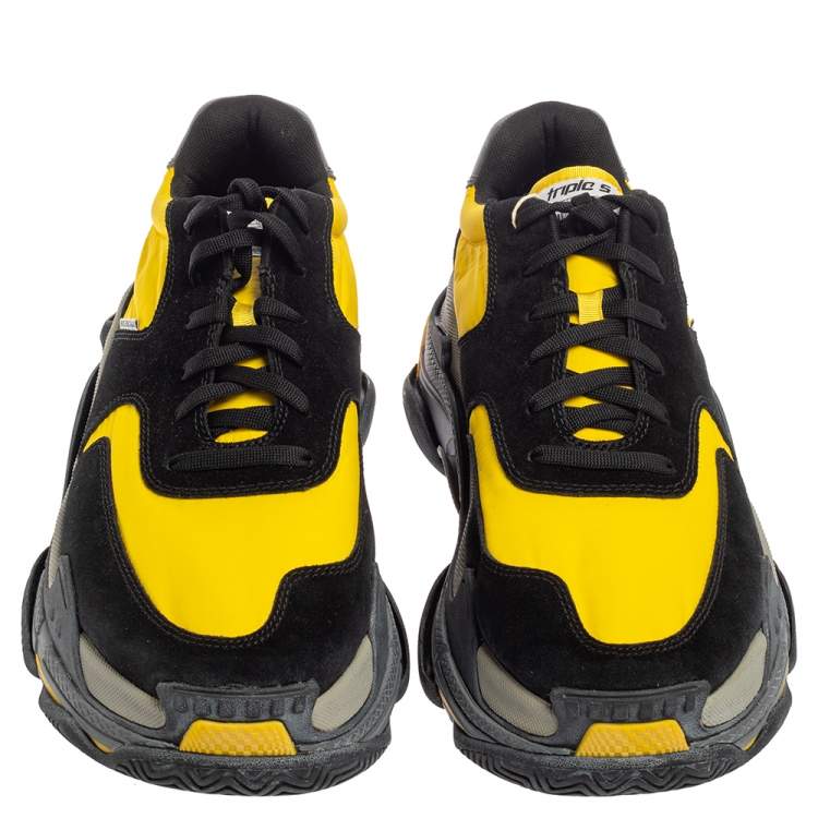 Pre Owned Balenciaga Black And Yellow Suede And Fabric Triple S Platform Sneakers Size 45