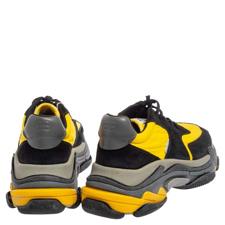 Pre Owned Balenciaga Black And Yellow Suede And Fabric Triple S Platform Sneakers Size 45