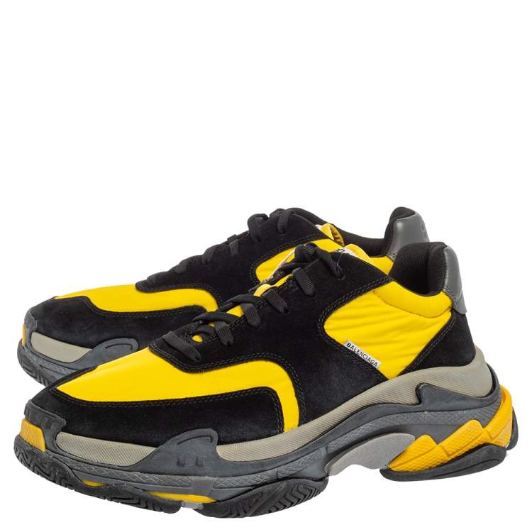 Pre Owned Balenciaga Black And Yellow Suede And Fabric Triple S Platform Sneakers Size 45