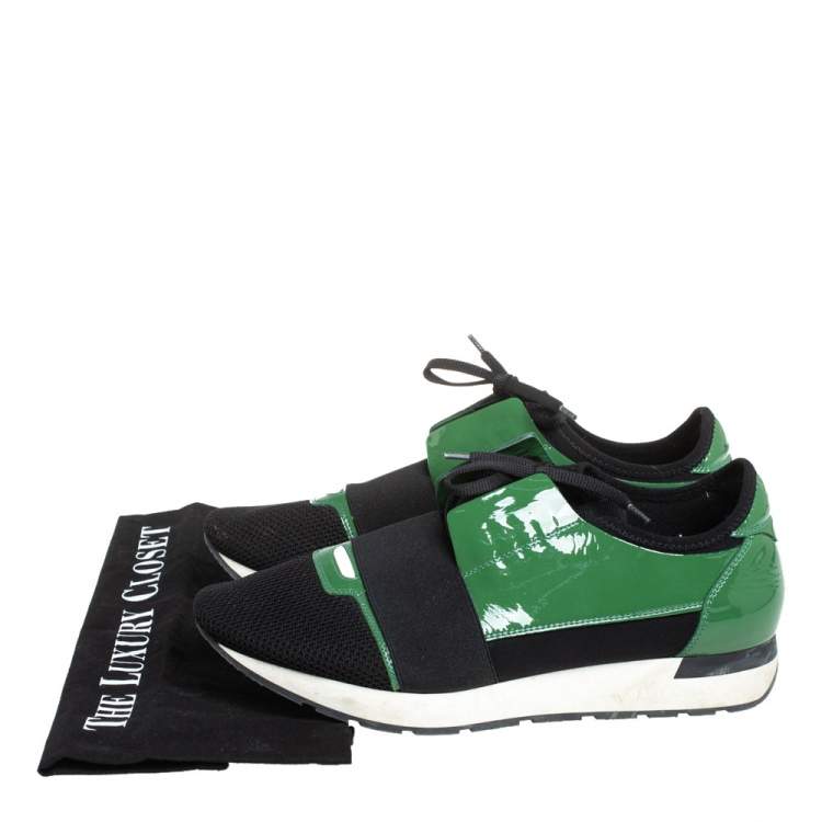 Pre Owned Balenciaga Black/Green Mesh And Patent Leather Race Runner Lace Up Sneakers Size 42
