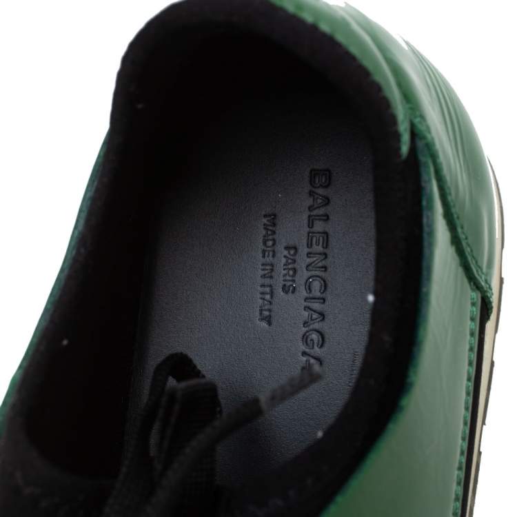 Pre Owned Balenciaga Black/Green Mesh And Patent Leather Race Runner Lace Up Sneakers Size 42