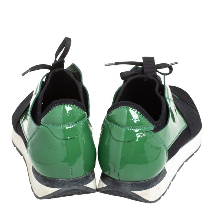 Pre Owned Balenciaga Black/Green Mesh And Patent Leather Race Runner Lace Up Sneakers Size 42