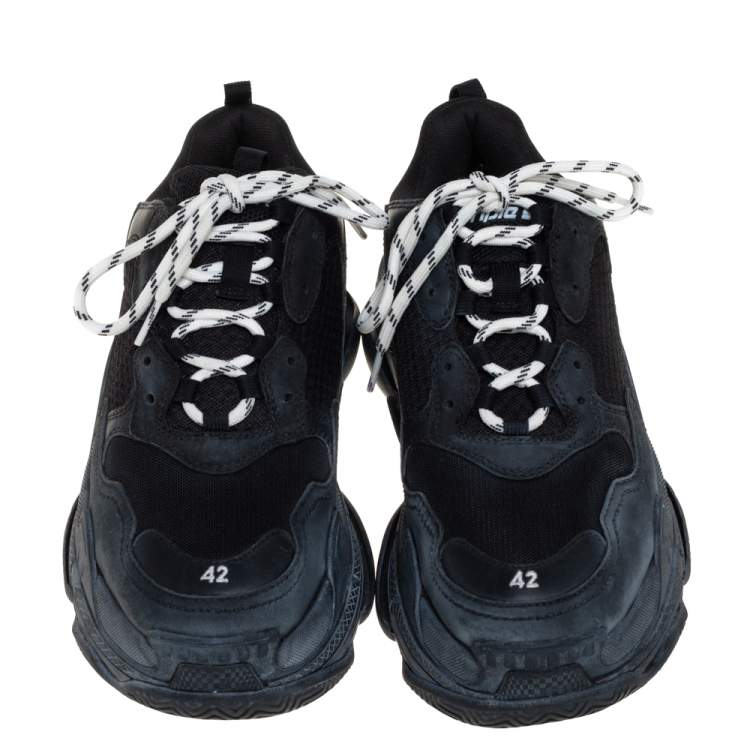 Pre Owned Balenciaga Black Mesh And Leather Triple S Low Top Sneakers Size 42