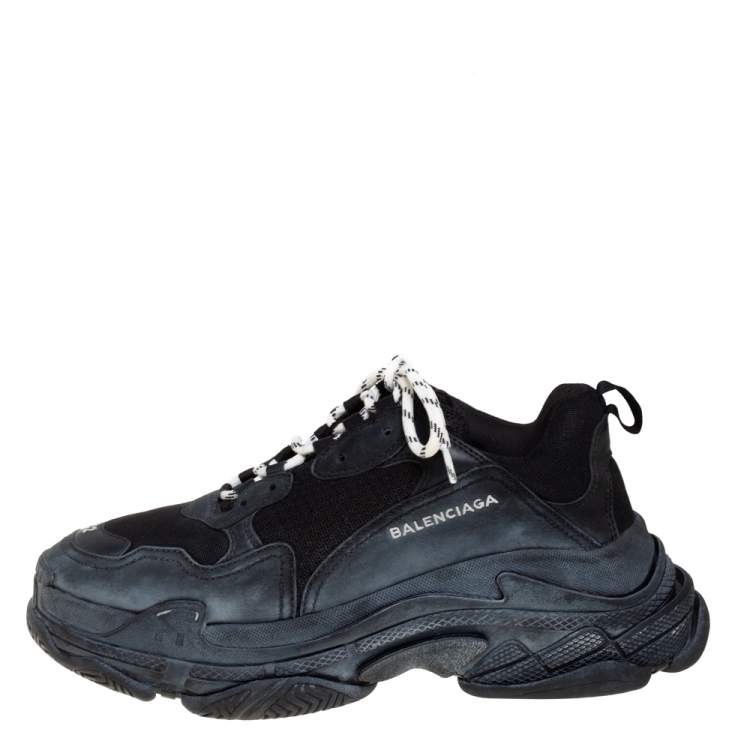 Balenciaga Black Mesh And Leather Triple S Low Top Sneakers Size
