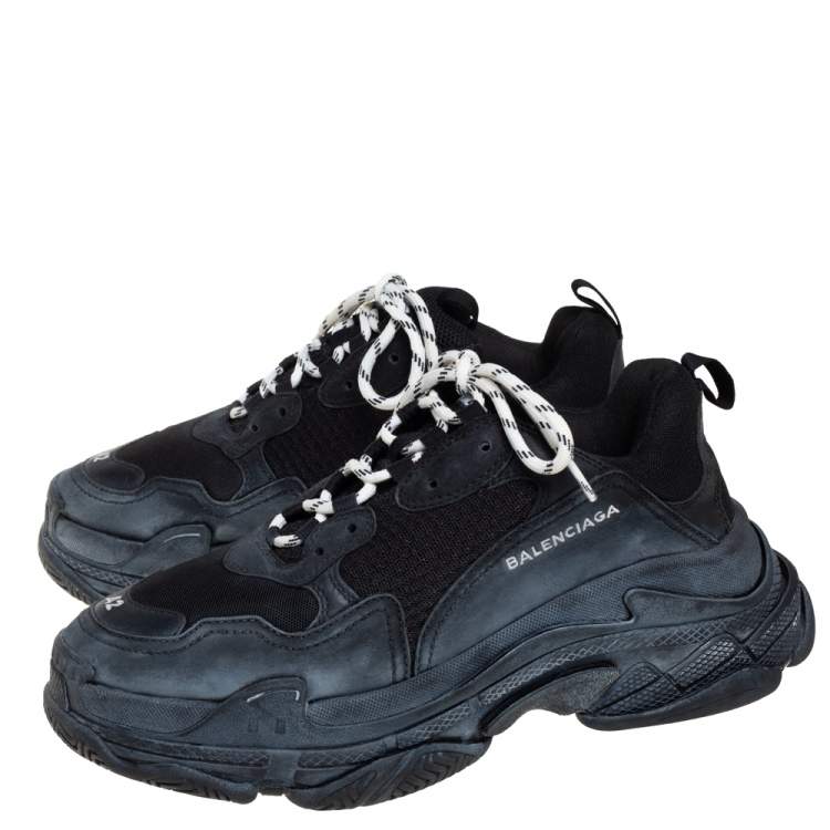 Pre Owned Balenciaga Black Mesh And Leather Triple S Low Top Sneakers Size 42