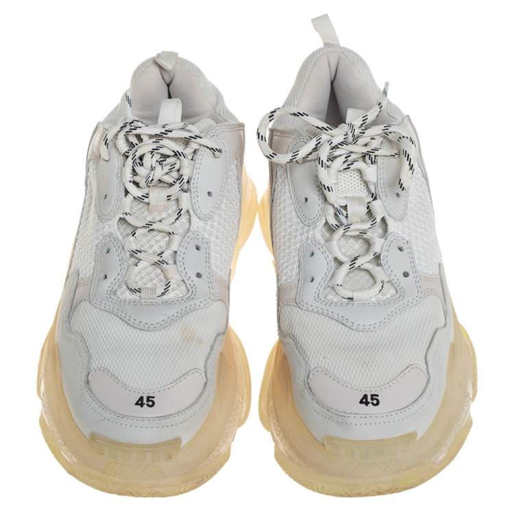مملوكة مسبقًا Balenciaga Grey/White Mesh Leather And Suede Lace Up Triple S Sneaker Size 45