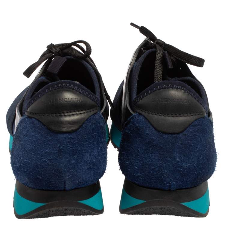 Pre Owned Balenciaga Blue/Black Mesh And Leather Race Runner Low Top Sneakers Size 42