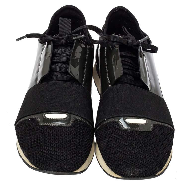 Pre Owned Balenciaga Black/Olive Green Mesh And Patent Leather Race Runner Sneakers Size 42