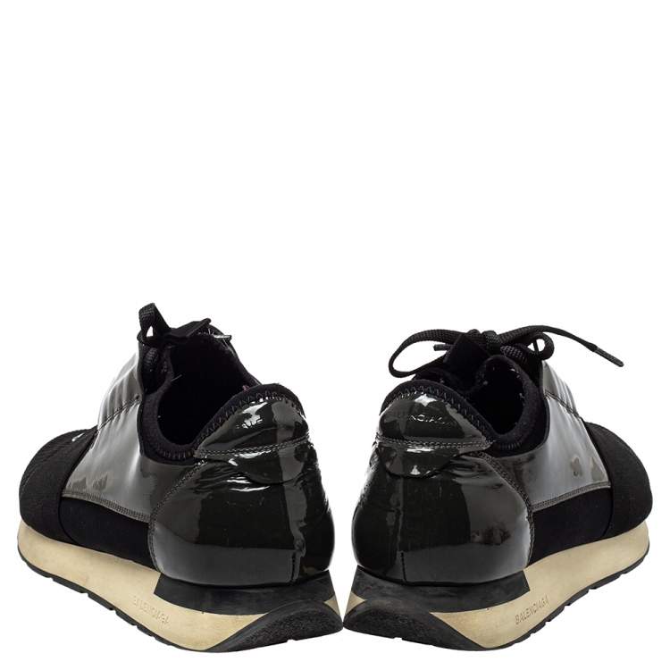 Pre Owned Balenciaga Black/Olive Green Mesh And Patent Leather Race Runner Sneakers Size 42