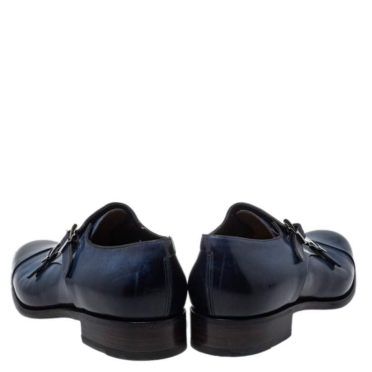 Pre Owned Santoni Blue Leather Double Buckle Derby Monk Size 46