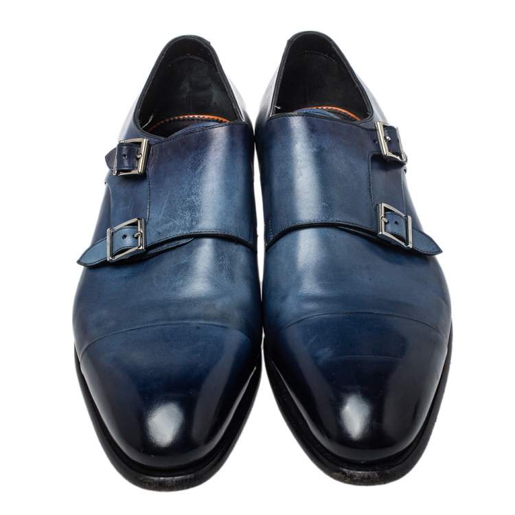 Pre Owned Santoni Blue Leather Double Buckle Derby Monk Size 46