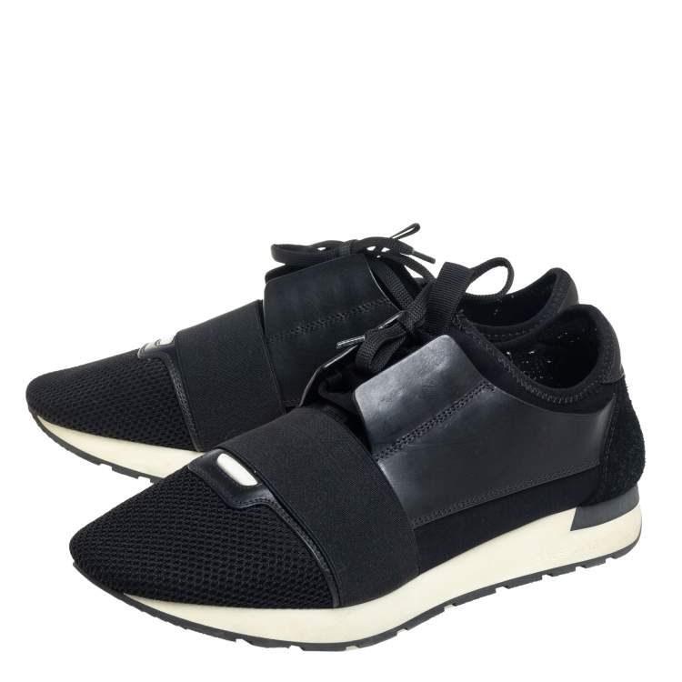 مملوكة مسبقًا Balenciaga Black Mesh And Leather Race Runner Low Top Sneakers Size 42