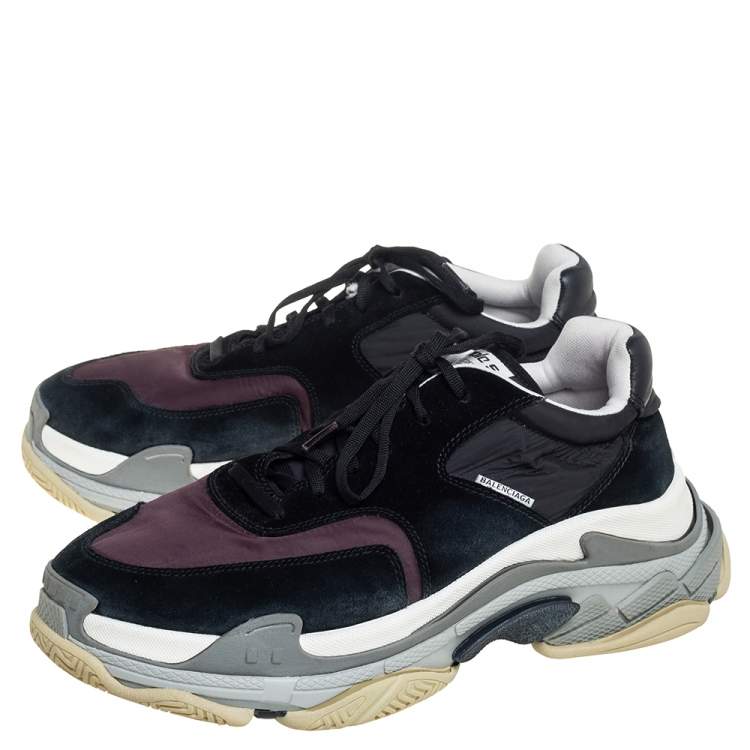 Pre Owned Balenciaga Black/Maroon Nylon And Suede Triple S Low Top Sneakers Size 45