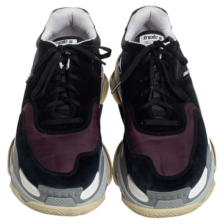 Pre Owned Balenciaga Black/Maroon Nylon And Suede Triple S Low Top Sneakers Size 45