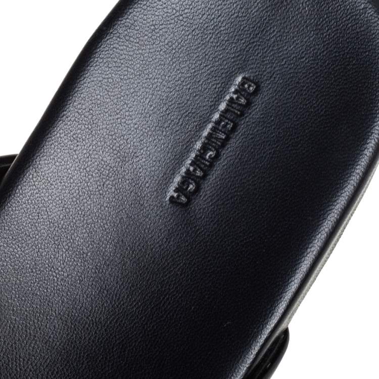 Pre Owned Balenciaga Black Leather Cosy BB Logo Embellished Mules Size 44 