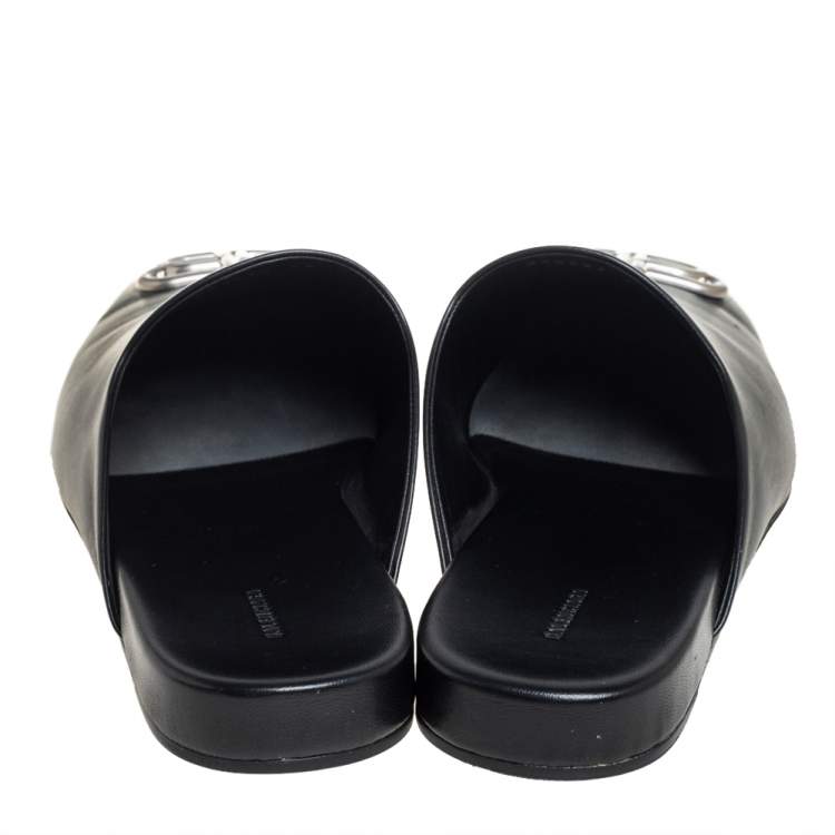 Pre Owned Balenciaga Black Leather Cosy BB Logo Embellished Mules Size 44 