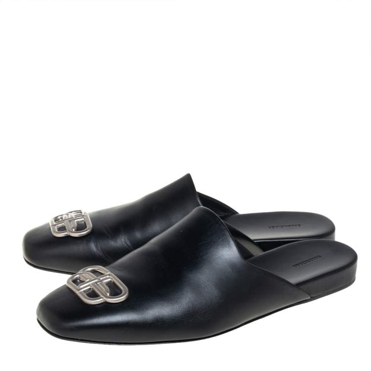 Pre Owned Balenciaga Black Leather Cosy BB Logo Embellished Mules Size 44 