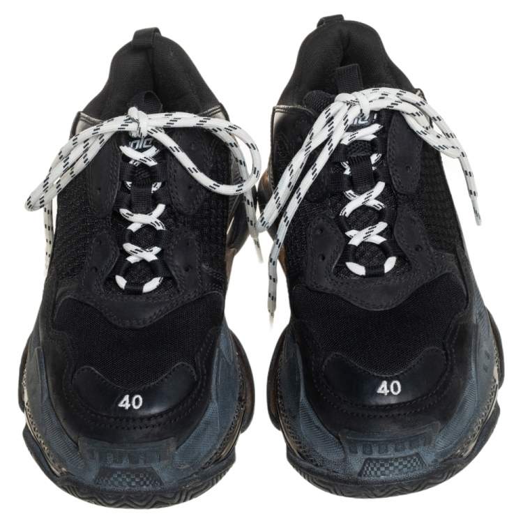 Pre Owned Balenciaga Black Leather and Mesh Triple S Sneakers Size 40