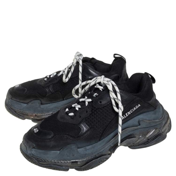 Pre Owned Balenciaga Black Leather and Mesh Triple S Sneakers Size 40