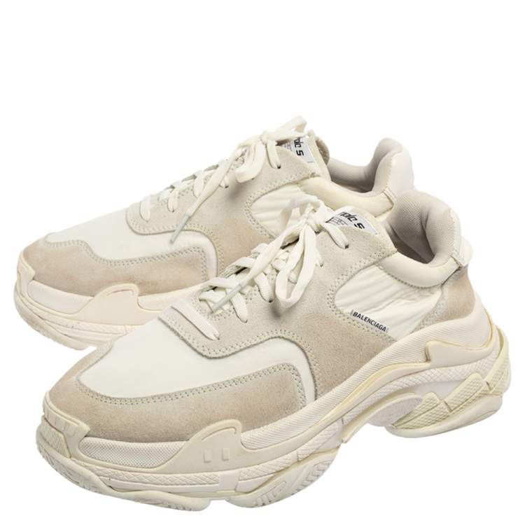Pre Owned Balenciaga White Nylon And Suede Triple S Sneakers Size 41