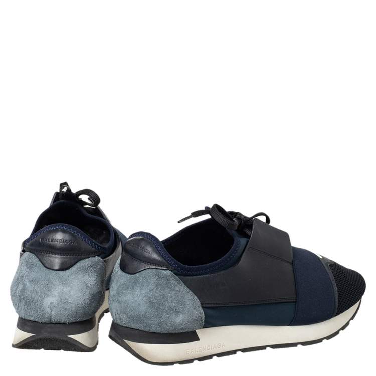 Pre Owned Balenciaga Blue Mesh And Leather Race Runner Low Top Sneakers Size 43