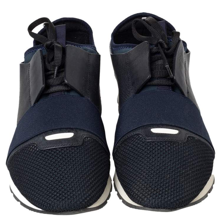 Pre Owned Balenciaga Blue Mesh And Leather Race Runner Low Top Sneakers Size 43