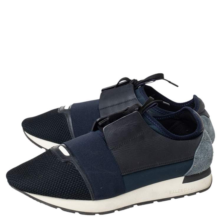 Pre Owned Balenciaga Blue Mesh And Leather Race Runner Low Top Sneakers Size 43