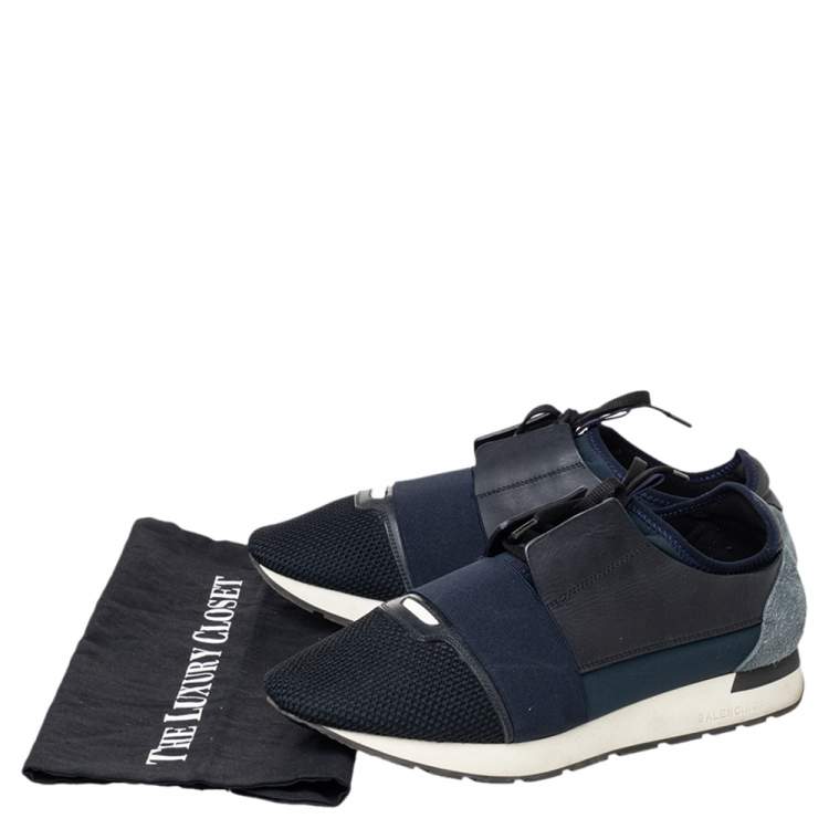Pre Owned Balenciaga Blue Mesh And Leather Race Runner Low Top Sneakers Size 43