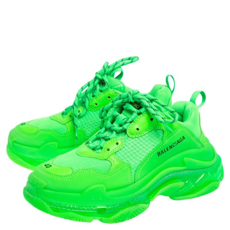Pre Owned Balenciaga Bright Green Leather And Mesh Triple S Sneakers Size 40 