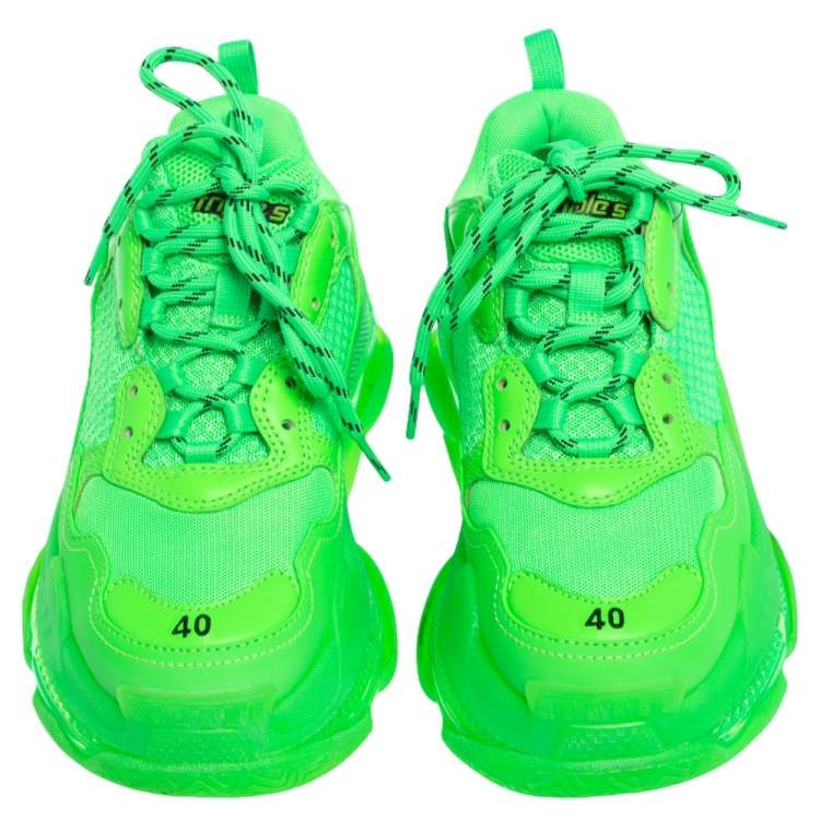 Pre Owned Balenciaga Bright Green Leather And Mesh Triple S Sneakers Size 40 