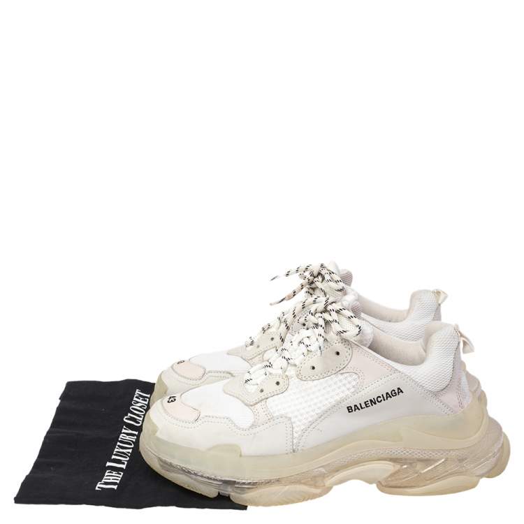 Pre Owned Balenciaga White/Grey Leather And Mesh Triple S Sneakers Size 43