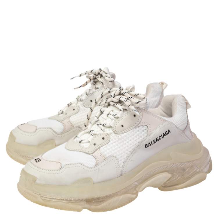 Pre Owned Balenciaga White/Grey Leather And Mesh Triple S Sneakers Size 43
