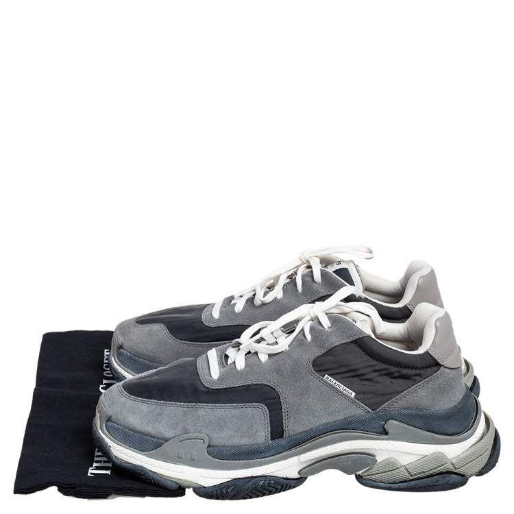 Pre Owned Balenciaga Grey/Black Leather, Nylon, And Suede Triple S Low Top Sneakers Size 44