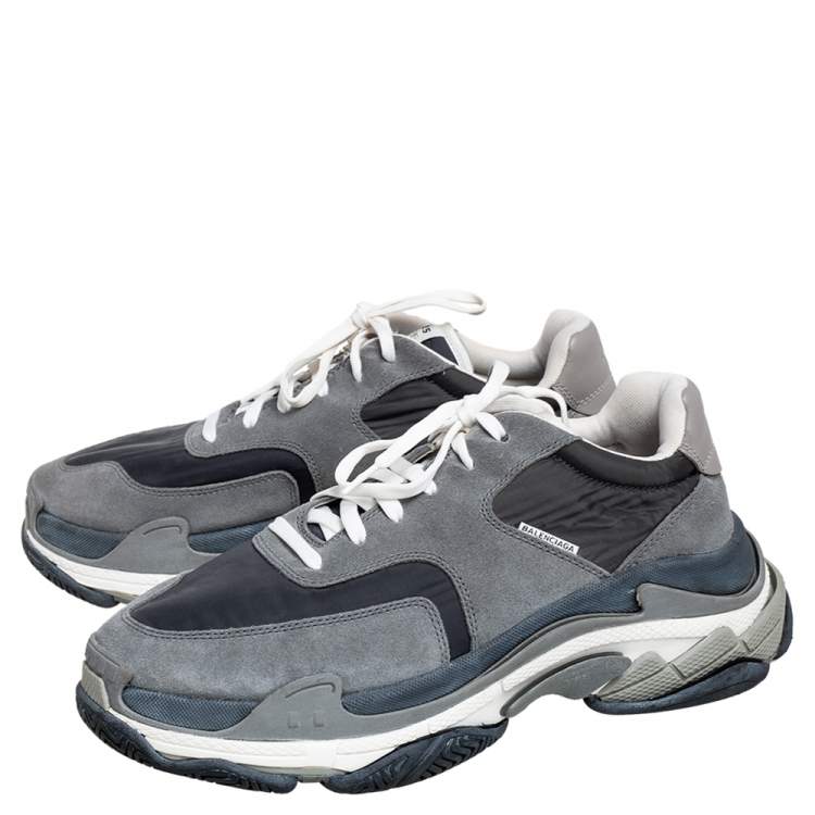 Pre Owned Balenciaga Grey/Black Leather, Nylon, And Suede Triple S Low Top Sneakers Size 44