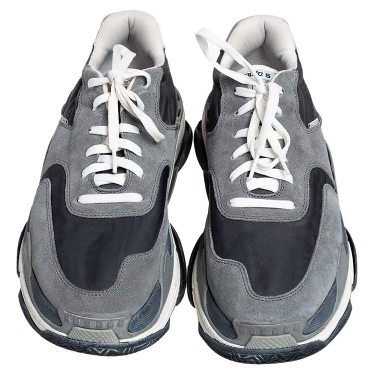 Pre Owned Balenciaga Grey/Black Leather, Nylon, And Suede Triple S Low Top Sneakers Size 44