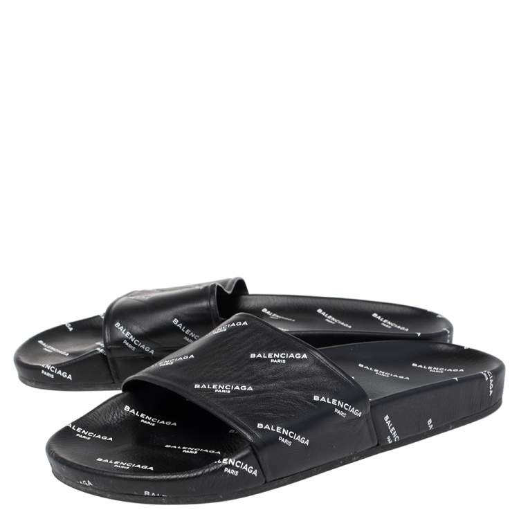 Pre Owned Balenciaga Black Logo Stamped Leather Slide Sandals Size 39