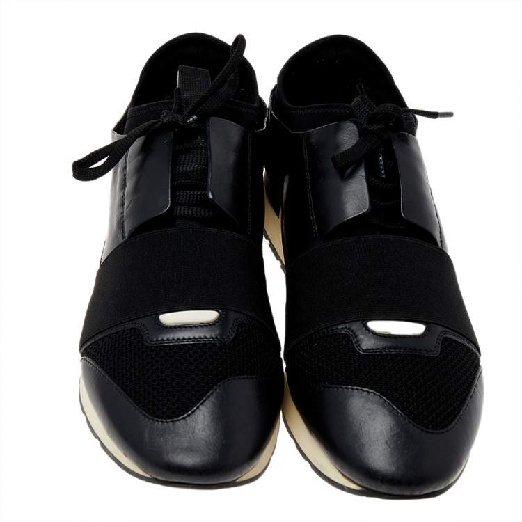 Pre Owned Balenciaga Black Mesh And Leather Race Runner Low Top Sneakers Size 41