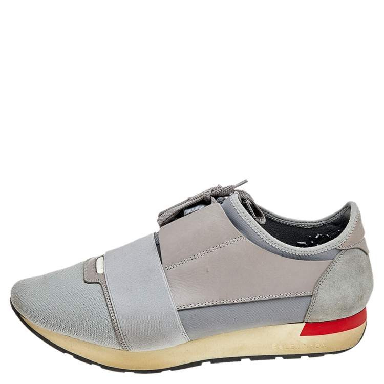 Pre Owned Balenciaga Grey Knit Fabric, Suede, And Leather Race Runner Low Top Sneakers Size 42