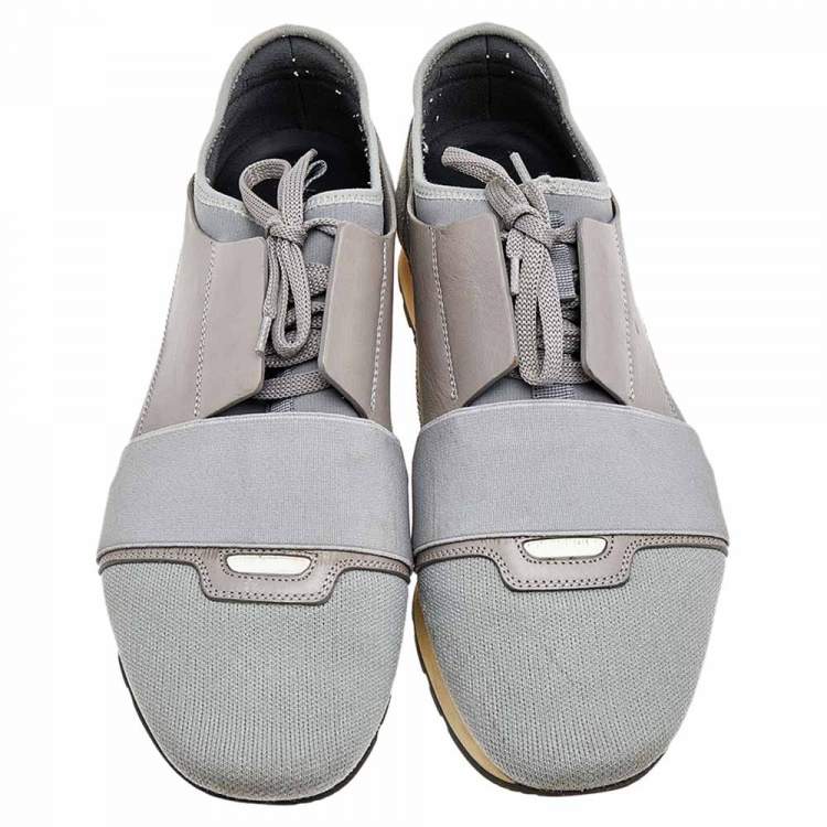 Pre Owned Balenciaga Grey Knit Fabric, Suede, And Leather Race Runner Low Top Sneakers Size 42