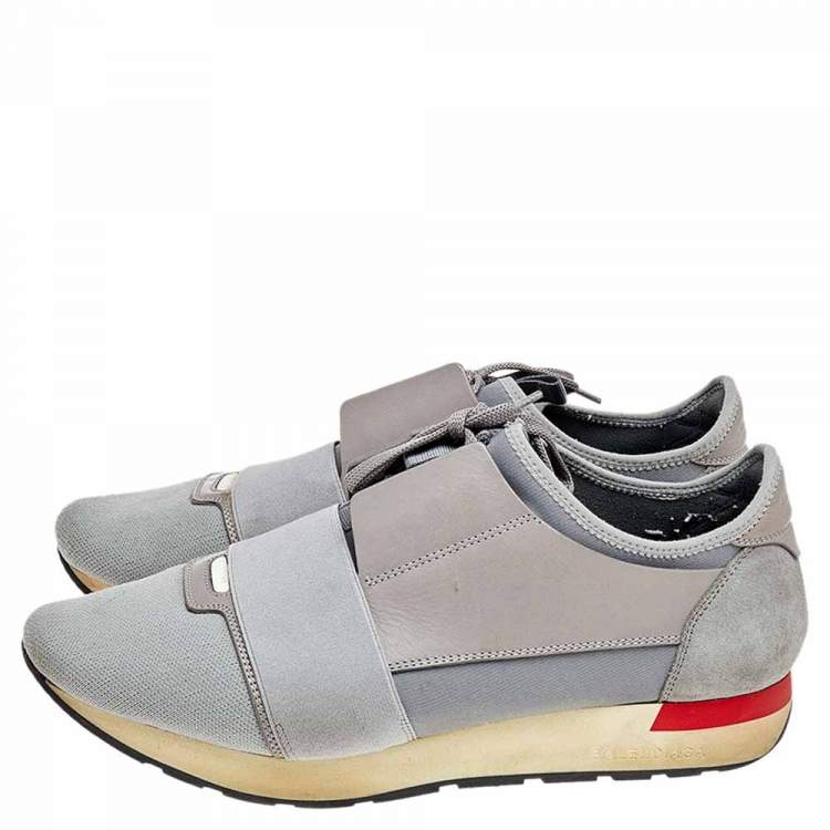 Pre Owned Balenciaga Grey Knit Fabric, Suede, And Leather Race Runner Low Top Sneakers Size 42