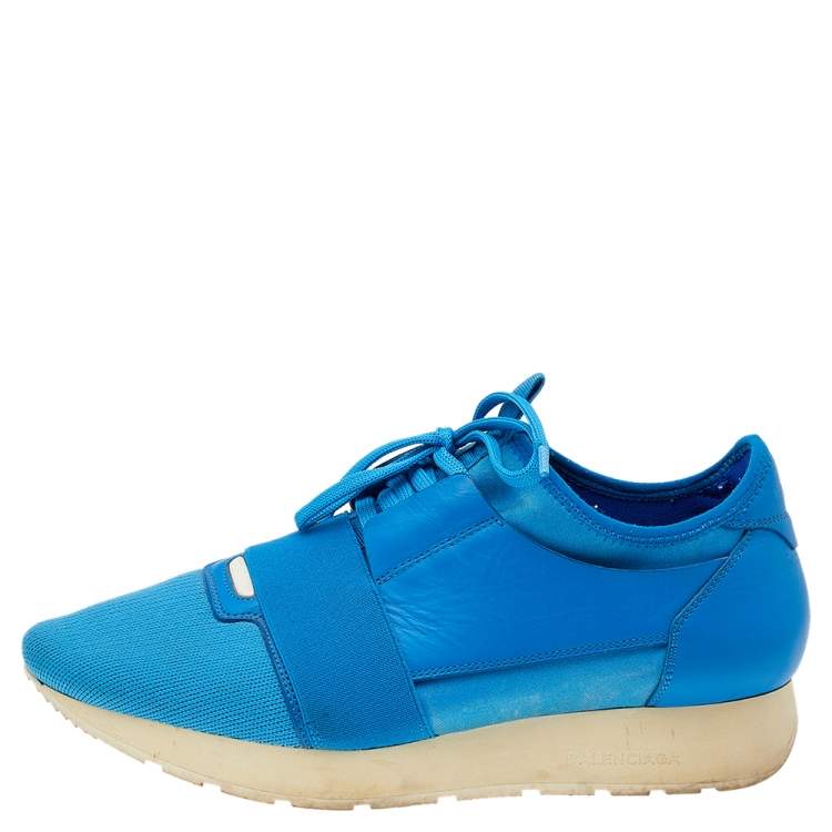 Balenciaga Blue Knit Fabric And Leather Race Runner Low Top