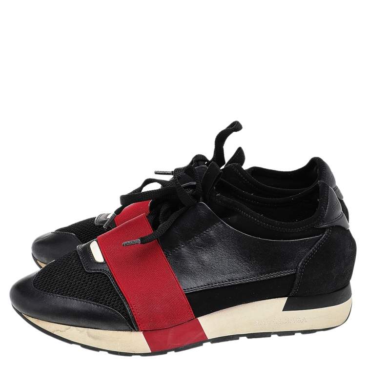 مملوكة مسبقًا Balenciaga Black/Red Leather, Mesh and Neoprene Race Runner Sneakers Size 38