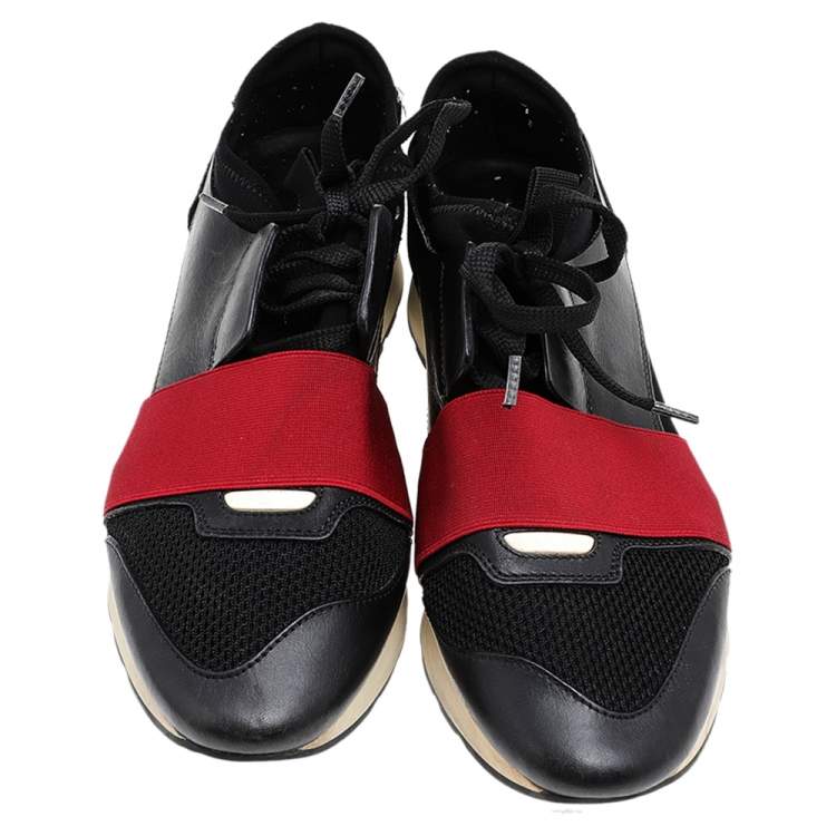مملوكة مسبقًا Balenciaga Black/Red Leather, Mesh and Neoprene Race Runner Sneakers Size 38