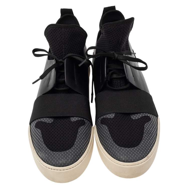 Pre Owned Balenciaga Black Knit Fabric And Leather Mid Top Sneakers Size 43
