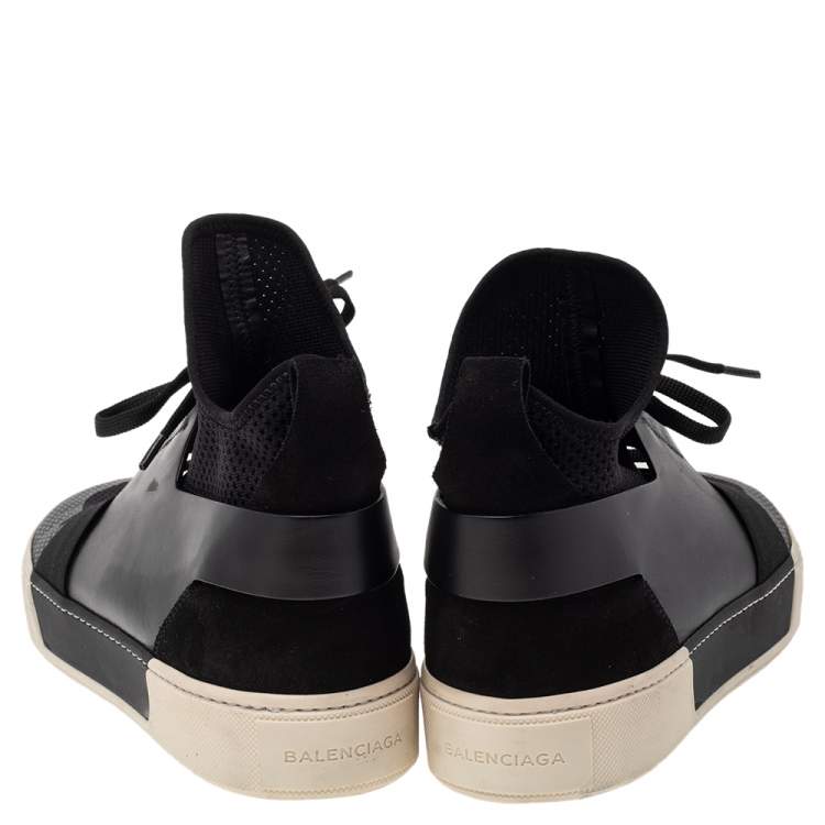 Pre Owned Balenciaga Black Knit Fabric And Leather Mid Top Sneakers Size 43