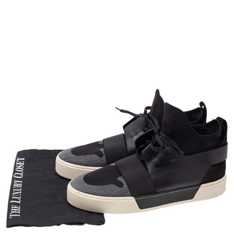 Pre Owned Balenciaga Black Knit Fabric And Leather Mid Top Sneakers Size 43